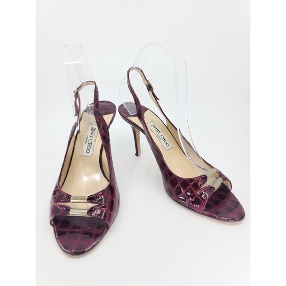 Jimmy Choo Vintage Plum Alligator Open Toe Slingback Gold Accent Pumps Size 40 - Picture 4 of 8